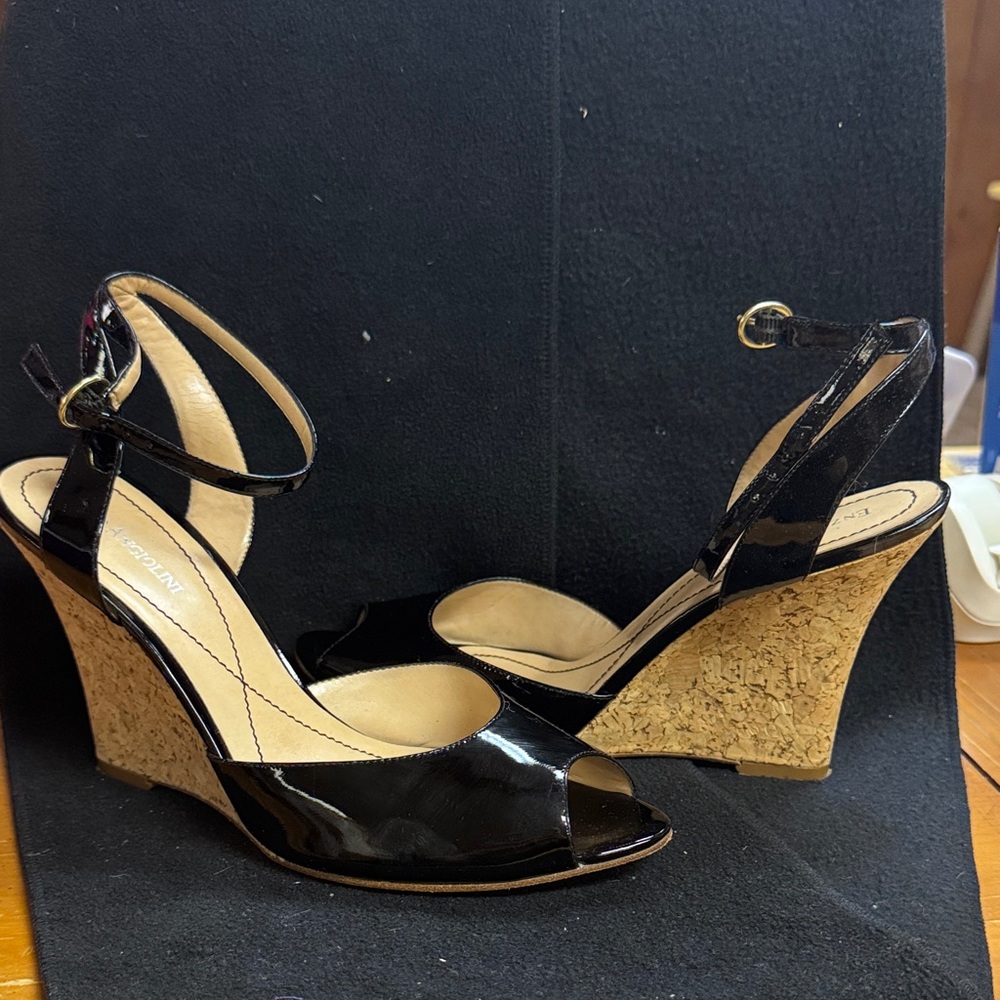 Black Patent Leather Wedge Sandals